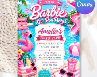Invito di compleanno a tema bambola rosa, invito per festa in piscina, invito di compleanno per bambina a tema bambola alla moda rosa, festa in piscina per ragazze, Canvas modificabile