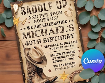 May include: A vintage-style invitation card with the words "Saddle Up" and details for a 40th birthday celebration. The design includes cowboy boots, a hat, and sheriff badges. The invitation includes the date, time, and location.