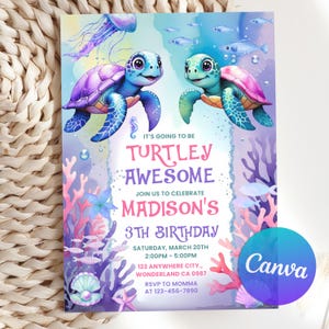Editable Sea Turtle Birthday Invitation, Under the Sea Invite, Turtley Awesome Birthday Invite, Turtles Invitation, Printable Canva Template