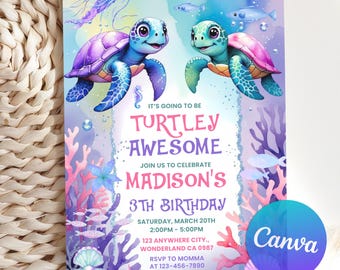 Bearbeitbare Meeresschildkröten-Geburtstagseinladung, Unter dem Meer einladen, Schildkröte fantastischer Geburtstag einladen, Schildkröten-Einladung, druckbare Canva-Vorlage