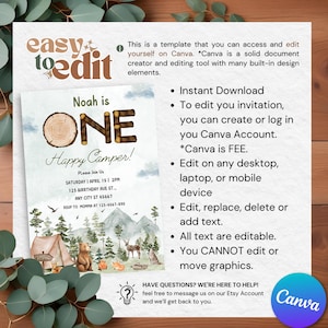 boy happy camper,1st birthday evite,camper 1st birthday,camping 1st birthday,camp first birthday,Camping invitation,camp birthday theme,Lumberjack birthday,Lumberjack party,One happy camper,1st birthday invite,tent and mountains,editable invitation