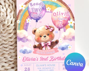 Editable Ready Two Party Invitation Template, Bear Birthday Invitation, Girl 2nd Birthday Invite, Rainbow Birthday Canva Invitation Template