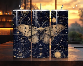 Dark Moth Tumbler Wrap: Vintage Indigo Star Chart (Digital Download PNG, 20oz Tumbler Design)