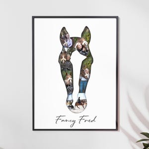 Könnte beinhalten: Ein gerahmter Kunstdruck mit einer Pferdekopf-Silhouette, gefüllt mit verschiedenen Fotos. Die Fotos zeigen Menschen mit Pferden, vor einem Hintergrund aus Grün. Die Worte "Fancy Fred" sind unten in Kursivschrift geschrieben.