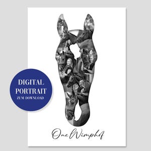 Op de afbeelding: Een zwart-wit digitaal portret van een paard met een collage van foto's van mensen die het paard rijden. De tekst "Digital Portrait Zum Download" staat in een blauwe cirkel en de tekst "One Wimpfof" staat eronder in cursief.