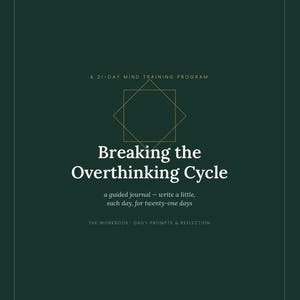 Op de afbeelding: Een donkergroene journal-omslag met de titel Breaking the Overthinking Cycle, A 21-Day Mind Training Program. De omslag bevat een dun goudkleurig geometrisch vierkant ontwerp, witte tekst en de ondertitel a guided journal - write a little, each day, for twenty-one days.