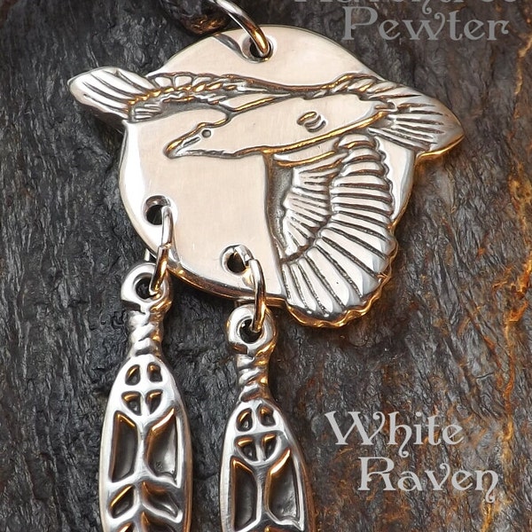 White Raven with Medicine Feathers - Pewter Pendant - Earth Changes, Nature, Prophecies, New Age, Power Animal, Awakening, Native Jewelry