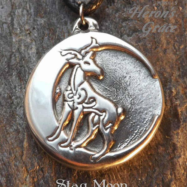 Stag Moon - Pewter Pendant - Celtic, Knotwork, Crescent, Moon, Stag, Heart, Inspiration and Balance,  Personal Strength Jewelry
