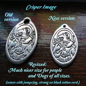 May include: Two silver oval dog charm pendants, one larger than the other. The larger pendant is labeled "Old version" and the smaller pendant is labeled "New version". The text "Resized: Much nicer size for people and Dogs of all sizes. (comes with jumpring, strung on black cotton cord.)" is below the pendants.