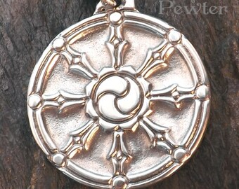 Dharma Wheel - Pewter Pendant - Buddhist Jewelry, Path of Right Action, Living in Balance with Compassion and Bringing Good in all you do.