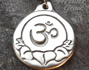 Om Blessing - Eastern Pewter Pendant -Aum or Om is the original sound of creation - Buddhist, Hindu, Lotus, Meditation Jewelry - Hand Poured