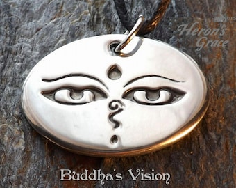 Buddha&#39;s Vision - Pewter Pendant - Eastern Meditation Jewelry, Om mani pad me hum, Buddhist Necklace