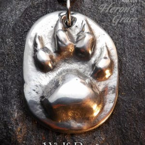 May include: A silver pendant in the shape of a wolf paw print. The pendant is hanging from a black cord. The pendant is on a dark brown background. The text "Wolf Paw" is printed below the pendant.