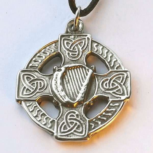 Celtic Harp Cross - Pewter Pendant - Celtic Bardic Cross celebrating Musicians, Meriment, Irish Harp. Celt Renaissance Jewelry