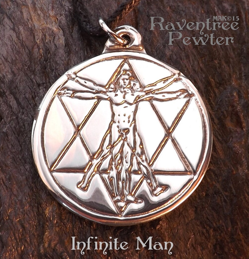 Infinite Man Pewter Pendant Sacred Geometry Jewelry, Leonardo Da Vinci, Vitruvian Man, Awakening, Merkaba, Metaphysical Necklace image 1