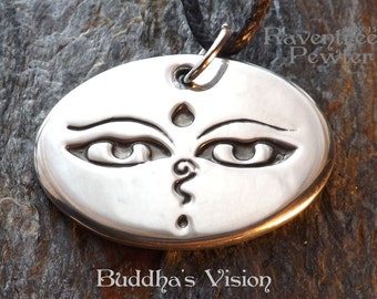 Buddha's Vision - Pewter Pendant - Eastern Meditation Jewelry, Om mani pad me hum, Buddhist Necklace