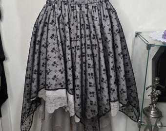 Hi Low Skirt - Hand dyed - Reclaimed Fabric - Greyscale - Floral Lace