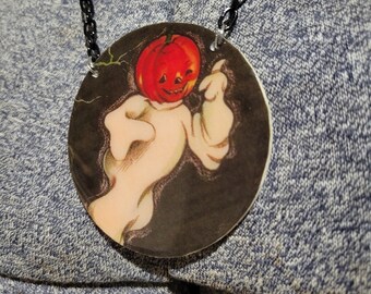 Winking Pumpkin Ghost Retro Vintage Halloween Wooden Resin Necklace