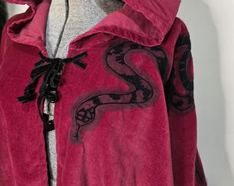 Red Cotton Capelet - Snake Adorned - Made from Reclaimed Fabrics