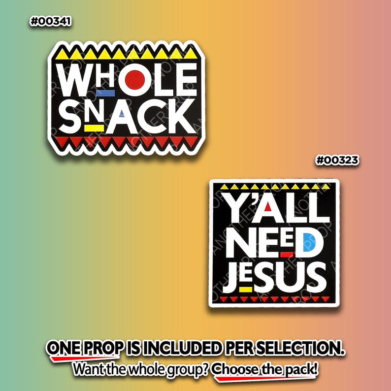 May include: Two stickers with text. One says "WHOLE SNACK" in white letters on a black background, with red, yellow, and blue accents. The other says "Y'ALL NEED JESUS" in white letters on a black background, with red, yellow, and blue accents.