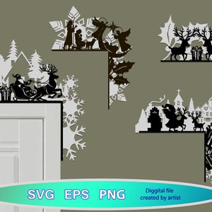 May include: A collection of Christmas-themed corner decorations. The designs include Santa in a sleigh, reindeer, angels, and nativity scenes. The decorations are black and white, with snowflake and holly accents. The image also includes the text "SVG EPS PNG".