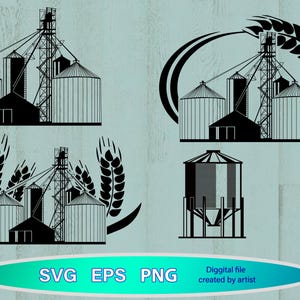 Könnte beinhalten: Vier Schwarzweiß-Silhouettenbilder von Getreidesilos mit Weizenähren. Das erste Bild zeigt drei Silos mit einem Gebäude in der Mitte. Das zweite Bild zeigt drei Silos mit einem Gebäude in der Mitte und Weizenähren. Das dritte Bild zeigt drei Silos mit einem Gebäude in der Mitte und Weizenähren. Das vierte Bild zeigt ein einzelnes Silo.