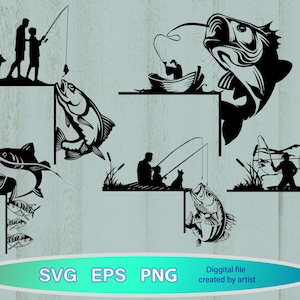 May include: Black and white silhouette design of various fishing scenes.  The design includes a man fishing with a dog, a man fishing with a child, a man fishing from a boat, and a variety of fish.  The design is perfect for creating a custom sign or wall art.