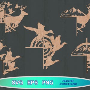 May include: A digital file set of SVG, EPS, and PNG files for a hunting themed design. The design features a deer, ducks, and a hunter with a gun. The design also includes a mountain scene.