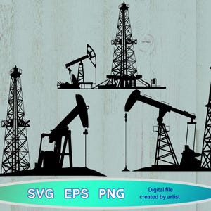 Może przedstawiać: Czarne ilustracje sylwetek wież wiertniczych i pomp. Obraz zawiera różne projekty platform wiertniczych, z tekstem "SVG EPS PNG" i "Digital file created by artist" na dole.