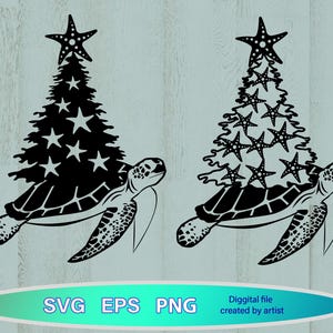 Op de afbeelding: Zwart-witte afbeelding van een zeeschildpad met een kerstboom van sterren op zijn rug. De boom wordt bekroond door een zeester. De afbeelding bevat de woorden "SVG EPS PNG" en "Diggital file created by artist".