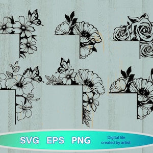 Puede incluir: Diseños florales en blanco y negro en forma de esquina, con varias flores y mariposas. Los diseños tienen forma de esquina, con espacio en blanco para texto. La parte inferior de la imagen incluye el texto "SVG EPS PNG" y "Digital file created by artist."