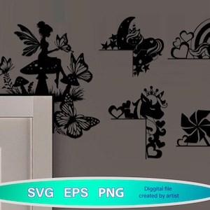 Puede incluir: Arte mural de esquina negro con una hada, mariposas, un unicornio con una luna creciente, un unicornio con un arcoíris, un pony con una corona y una jirafa con un molinillo. Incluye el texto "SVG EPS PNG".