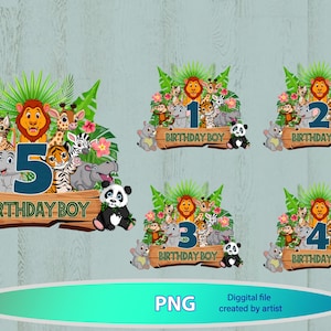 May include: Five jungle animal birthday party toppers with a green, brown, and white color scheme. Each topper features a number, a wooden sign that says "Birthday Boy", and a variety of jungle animals including a lion, zebra, giraffe, monkey, and panda.