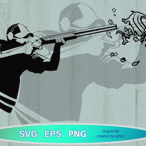 May include: Monochrome illustration of a person firing a shotgun at a clay pigeon, which is shattering. The image includes the text "SVG EPS PNG" and "Digital file created by artist".