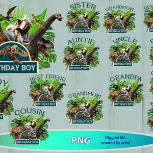 May include: A set of 12 digital printable images featuring dinosaurs and the text "Birthday Boy" with different family member titles, such as "Sister of the Birthday Boy", "Best Friend of the Birthday Boy", and "Mommy of the Birthday Boy".