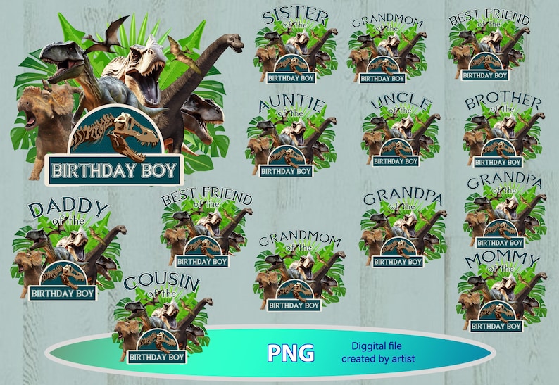 May include: A set of 12 digital printable images featuring dinosaurs and the text "Birthday Boy" with different family member titles, such as "Sister of the Birthday Boy", "Best Friend of the Birthday Boy", and "Mommy of the Birthday Boy".