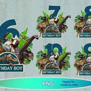 May include: A set of six printable dinosaur birthday party decorations. Each decoration features a dinosaur with a number from 6 to 10 and the text "Birthday Boy".