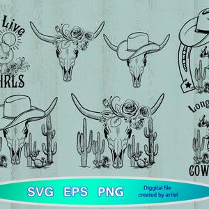 Cowboy Western Bundle svg, Kuhschädel svg, Cowgirl Bundle Sublimation, wilde Westen Bündel svg, Cowboy Zitate, es lebe Cowgirls