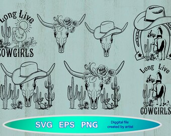 Cowboy Western Bundle svg, Kuhschädel svg, Cowgirl Bundle Sublimation, wilde Westen Bündel svg, Cowboy Zitate, es lebe Cowgirls