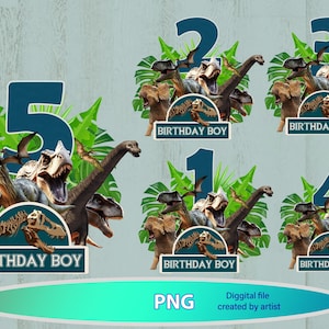 May include: Five printable dinosaur birthday party decorations with a blue number and the text "Birthday Boy" on each. The numbers are 1, 2, 3, 4, and 5. Each number is surrounded by green leaves and dinosaurs.
