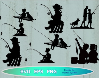 pesca svg, siluetas de pescadores svg, niños pescando svg, niños pescadores svg, archivos para cortar