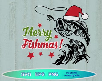 Puede incluir: Gráfico en blanco y negro de un pez con un gorro de Papá Noel, con las palabras "Merry Fishmas!" en verde y rojo. Estrellas rojas están dispersas alrededor del texto. Un señuelo de pesca cuelga sobre el pez.