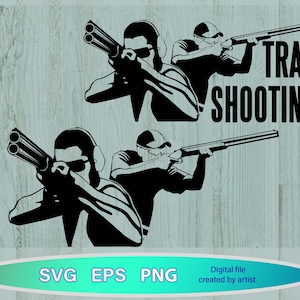 May include: A black and white graphic depicting trap shooting. The image shows three figures aiming shotguns, with the words "TRAP SHOOTING" in bold letters. The bottom of the image includes the text "SVG EPS PNG" and "Digital file created by artist".
