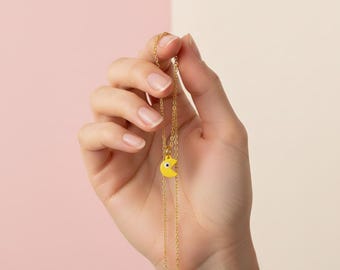 Premium Gold Plated Arcade Pac Man Necklace, Retro Gaming Pendant, Minimalist Geek Jewelry, White Gold or Yellow Gold Chain, Nostalgia Gift