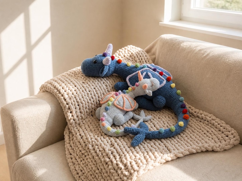 May include: Two crocheted dragon plush toys in blue and gray with rainbow accents rest on a beige blanket. The larger dragon has a long tail and colorful pom-poms. The smaller dragon has a horn and a rainbow-colored spine.