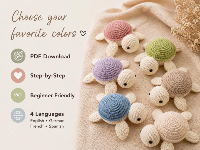 May include: A collection of handmade crochet turtles in various colors, including pink, green, purple, blue, and beige. The turtles have white bodies and textured shells. The image includes text that says "Choose your favorite colors".