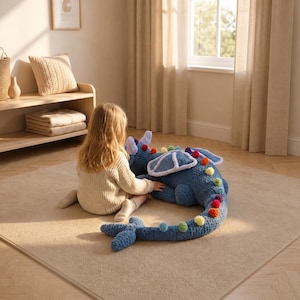 May include: A blue crocheted dragon toy with colorful pom-poms along its back and tail. The dragon has a white and blue head and wings. The toy is on a beige rug in a room with a wooden shelf and a window.