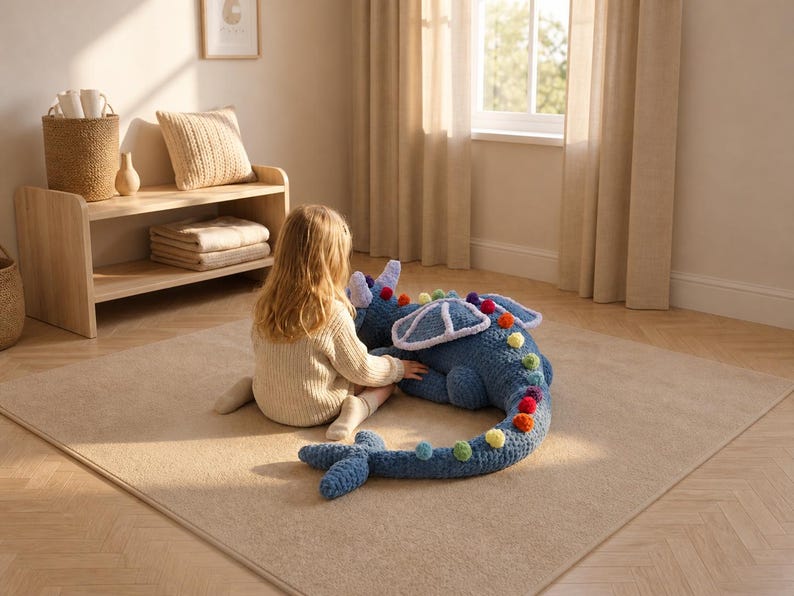 May include: A blue crocheted dragon toy with colorful pom-poms along its back and tail. The dragon has a white and blue head and wings. The toy is on a beige rug in a room with a wooden shelf and a window.