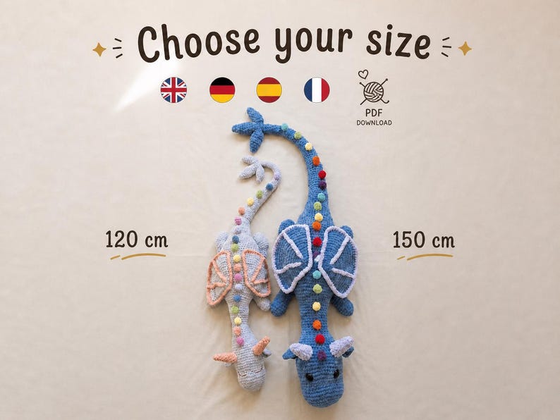 May include: Two crocheted dragon toys, one light gray and the other blue, are displayed against a neutral background. The blue dragon is 150 cm long, and the gray dragon is 120 cm long. The text "Choose your size" is at the top.