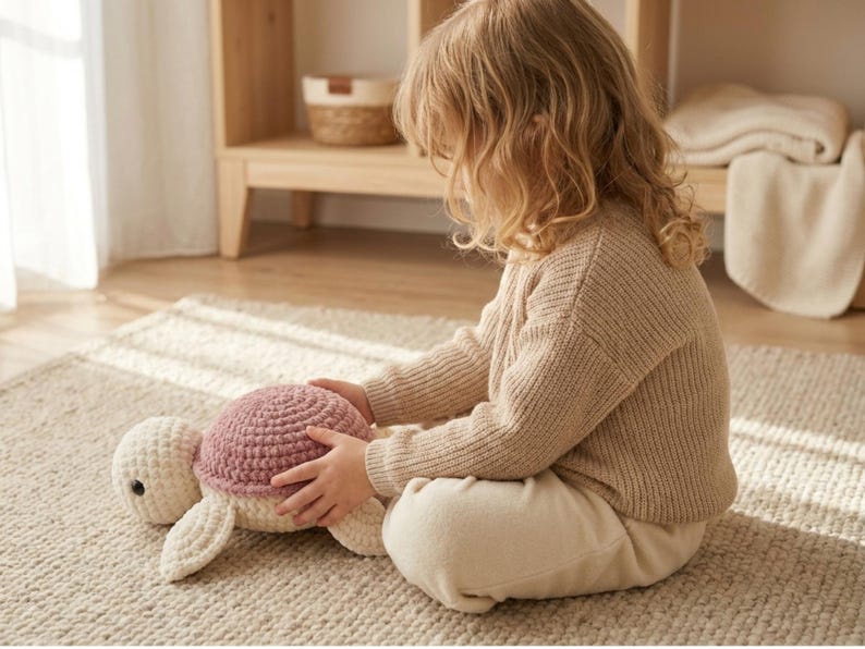 May include: A handmade crochet turtle plush toy with a white head and limbs, and a mauve shell. The turtle is on a beige rug. The image shows a child holding the turtle. The toy is a soft, cuddly item, perfect for a nursery or child's room.
